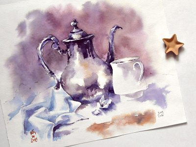 Tea or coffee? coffee cups dessert food still life tea watercolor