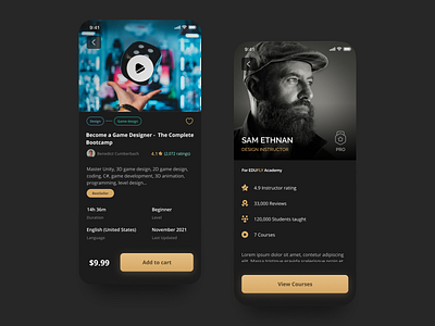 E-Learning Mobile App app brown darkmode dart design e learning education figma gold minimal online courses ui ux
