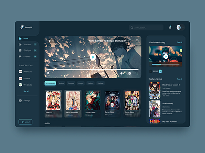 Anime Streaming Platform anime app blue branding dark dark dashboard dashboard design desktop figma green minimal movie streaming ui ux ux design web design