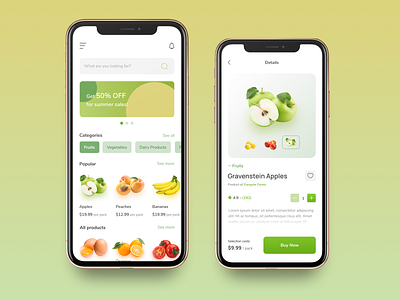 E-grocery app design ecommerce figma fruits green minimal mobile mobile design shopping ui ui design ux vegetables yellow