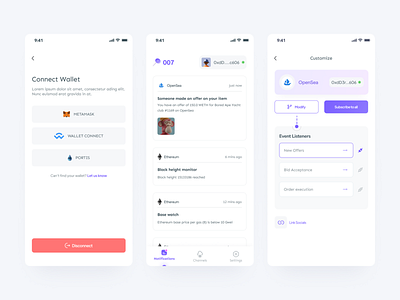 007 - Opt-in Notification Service for dApps app blockchain clean crypto dao dapp design figma lightmode minimal mobile notifications purple ui ux wallet web3 white