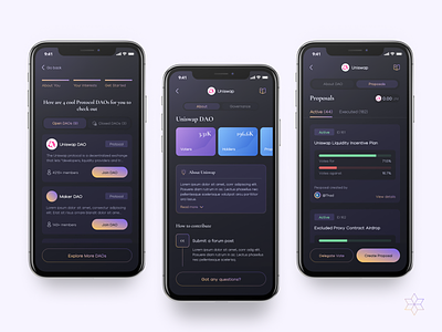 DAO Explorer - Find, join and contribute to DAOs blockchain dao darkmode defi figma gamification gradient gradients mobile dashboard mobile onboarding mobile ui proposals ui voting wallet web3