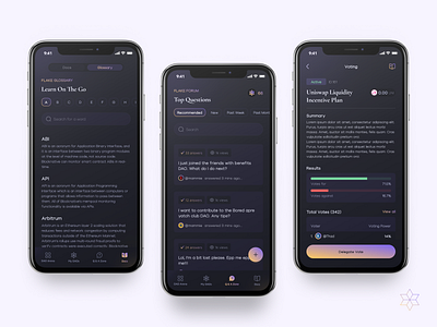 DAO Explorer - Learn, earn and help others app blockchain dao darkmode dashboard defi design figma forum glossary governance gradient minimal mobile dashboard ui ux voting wallet web3