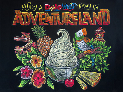Dole Whip Chalk Drawing bird chalk cherry disney disneyland dole whip enchanted tiki room flower illustration pineapple tiki
