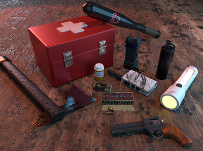 Survival Kit 3d 3d art art bullets gun props weapon