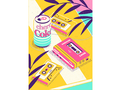 Retro poster 80s 80s style cassettes colorful illustration retro vector walkman