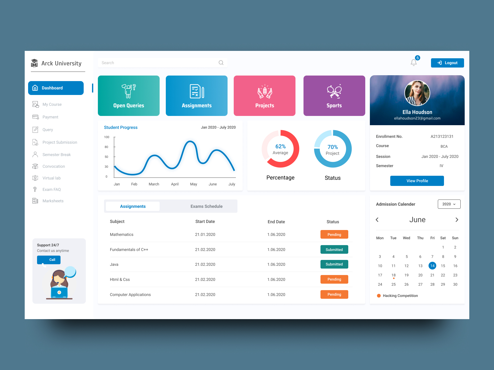 student dashboard html code