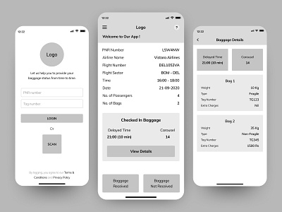 Checked-In Baggage App - Wireframe airport baggage checked in flights login mobile mobile design phone ui ux wireframe