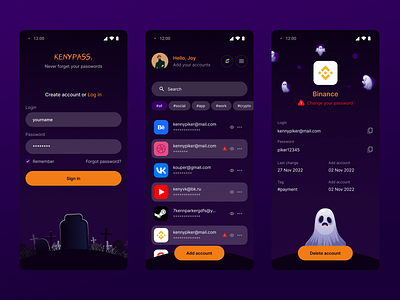 Password Manager Mobile App app darkmode darktheme halloween illustration mobile pumkin ui ux