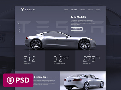 Tesla «Model S» Promosite Concept (PSD Freebie) car design flat free minimal modern psd site tesla ui web
