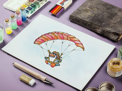 Crazy Flying Penguin art character crazy draw fly paragliding pengiun pilot plane
