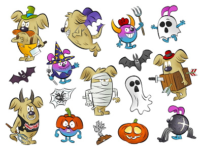Halloween stickers, Slunicko magazine cartoon characters halloween illustration stickers