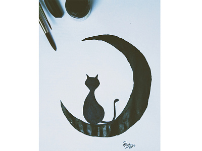 Cat on the Moon! black blackandwhite cat cats minimal moon night mood paint