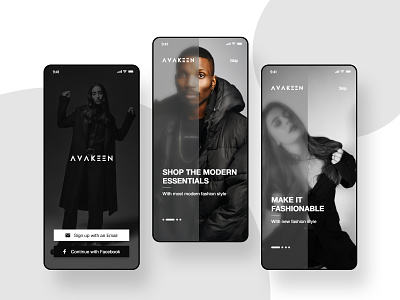 Avakeen : Fashion store app design blackandwhite blacktheme ecommerce app fashion app glassmorphism login screen minimal onboarding registration ui