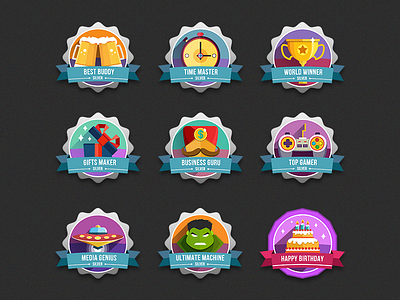Set of Colored & Bright Badges for New Game. badge beer cake cup flat game gamification hulk illustrations ui user winner
