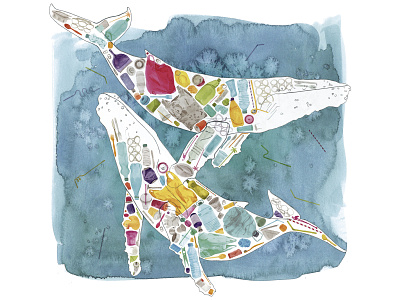 plastic animals - whales 2d activism animal animals art drawing illustration nature ocean painting watercolor whale