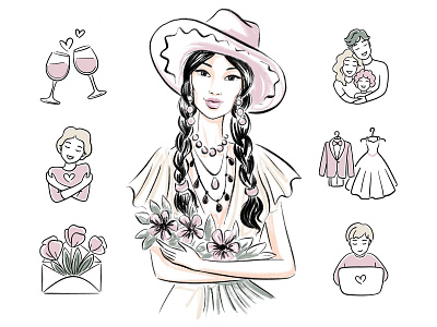 Illustration and icons for the gift studio website and app black and white branding drawing fashion illustration line drawing lineart minimal sketching ui vector vintage web