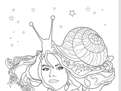Coloring for adults. Beautiful girl with a shell on her head. Un art beautiful black coloring for adults curl design drawing face fairytale fantasy fantasy art fashion female girl graphic hair hand drawn imagination mollusk shell outline