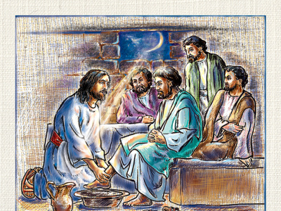 Jesus washes the disciples' feet. 12 apostles art background of fabric christianity design easter jesus maundy thursday picture washing