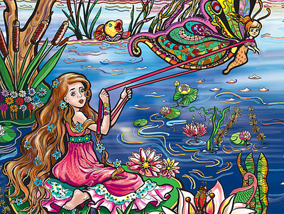 Cartoon scene with cute charming girl on the water. Thumbelina. creativity