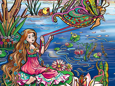 Cartoon scene with cute charming girl on the water. Thumbelina.