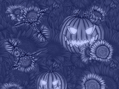 Sunflowers Pumpkins Halloween Floral Pattern blue floral pattern blue illustration blue pattern botanical illustration dribbbleweeklywarmup floral illustration floral pattern halloween floral pattern halloween pattern halloween pumpkin halloween theme illustration illustration pumpkins pattern scary design spooky pattern sunflower design sunflower illustration sunflower pattern