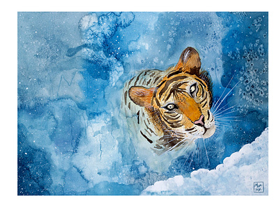 SeaTiger animals blue bluepalette classicblue drawing fauna femalewatercolorartist homedecor illustration sea shopart tiger tigers watercolor illustration watercolorart
