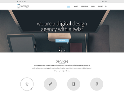 Omega blog design icons minimal portfolio services site svg template theme web wordpress