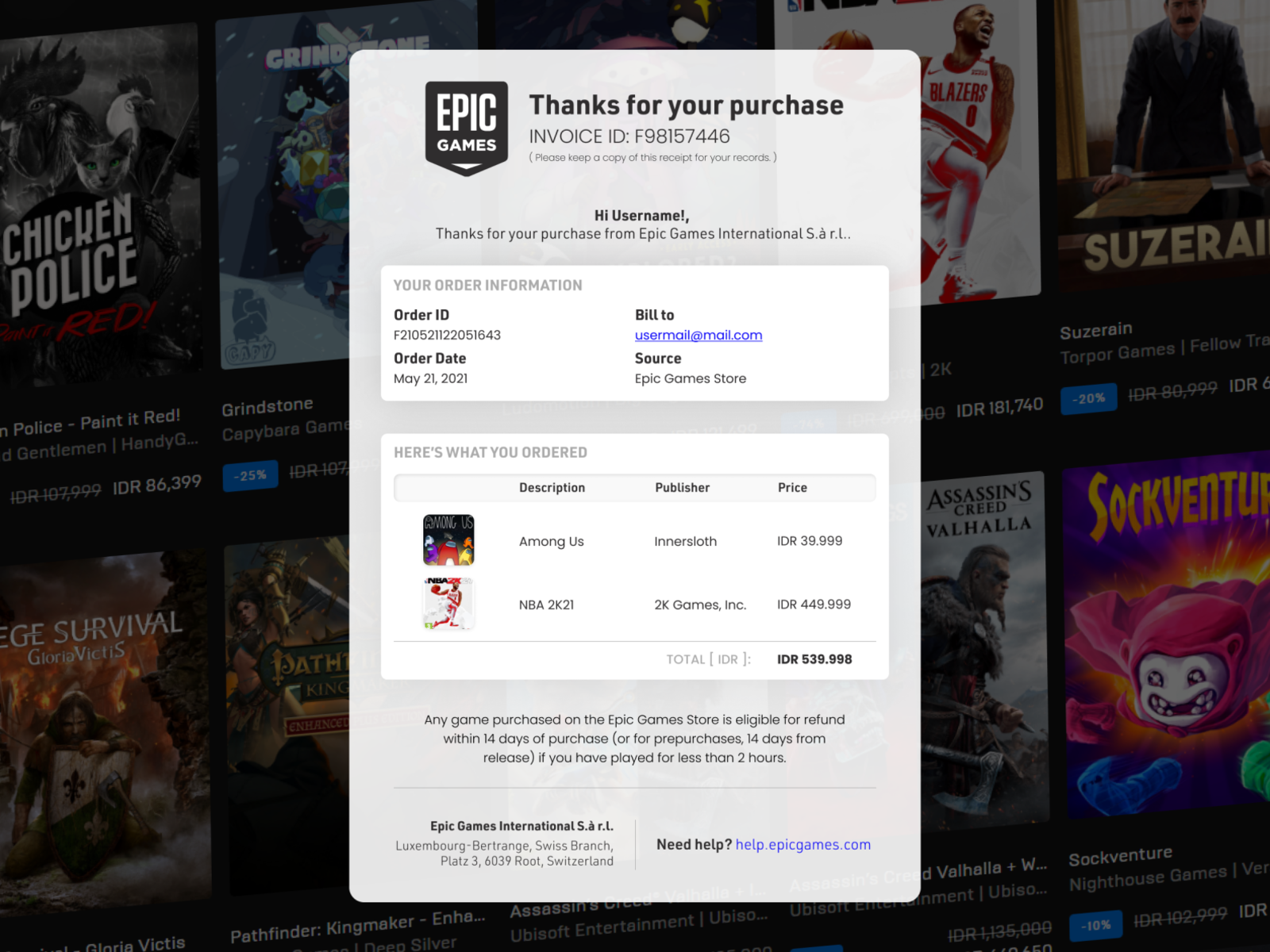 Epic Games Email Receipt Redesign by Dovan Sanjaya for Whitebox.id on  Dribbble