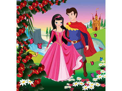 prince princess cartoon castle comic digital art fairy fairy couple fairy tale fairytale flower flowers garden illustration illustrator prince princess royal couple vector