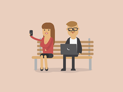 bench scene bench boobs characters flat geek girl illustration man selfie vector