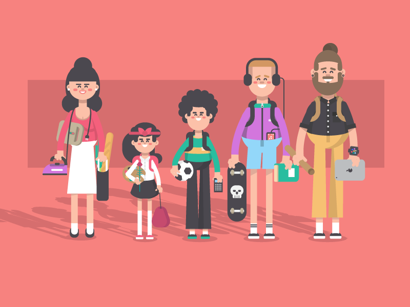 Back to school tablet skate shop woman girl boy man mum characters character illustration