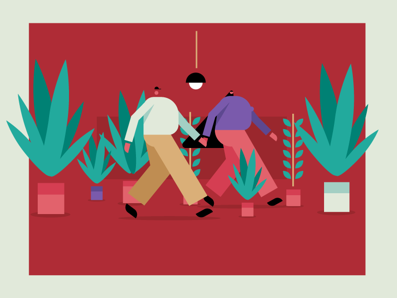 Couple lamp plants flowers woman girl boy man couple character illustration