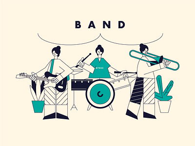 Production band character drums flower group guitar illustration music plant saxophone woman