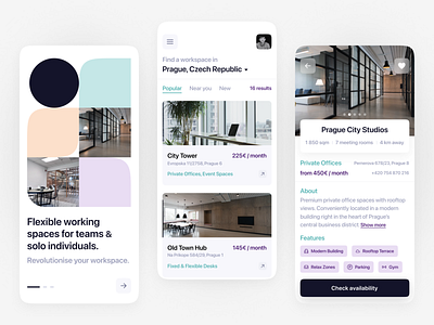 Coworking Space App UI app design coworking light colours mobile design office private offices productdesign professional rent office uidesigner uxuidesign workspace