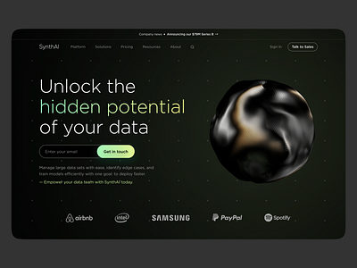 AI Data Platform Landing Page 3d 3d object ai artificial intelligence big data dark mode futuristic machine learning productdesign sphere tech website technology uidesigner uxui web design