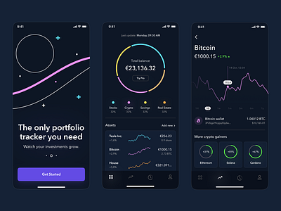 Investment Portfolio Tracker App UI bitcoin chart cryptocurrency ethereum finance fintech fintech app graph investment portfolio tracker productdesign wallet wealth