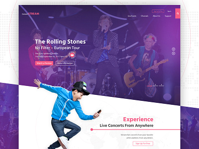 Concert Streaming Homepage Design concert streaming concerts live concerts pink purple streaming web design