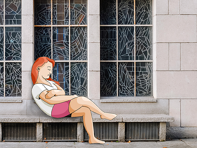 Woman bench cartoon doze dozing hybrid illustration sleep snooze windows woman