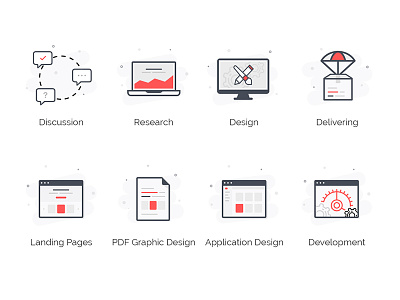 How it works and Services - Set Of Icons application chat deliver design development discussion graphic design icon icons landing landing page research