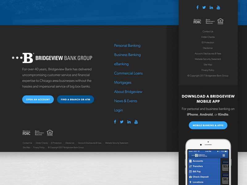 Bridgeview Footers banking banking app chicago desktop footer local bank mobile redesign responsive tablet ux web website