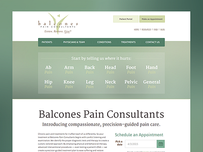 Balcones Pain Homepage design doctor green homepage navigation pain schedule web website