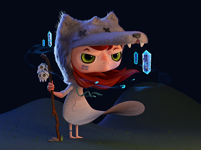 The character of a strong girl. 3d blender character crystal forest illustration magic skull woolf