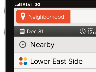 Mobile App: Neighborhood Selection list mobile orange selection ui