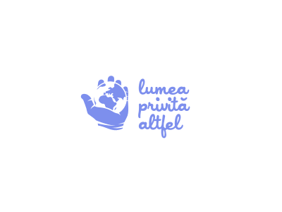 Lumea Privita Altfel (the world seen differently) blue earth globe hand logo lumea privita altfel mark perspective symbol therapy world