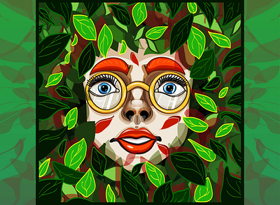 face in foliage design eyes foliage girl glasses gold green illustration leaves miracle nature print redhair summer surprise vector wonders