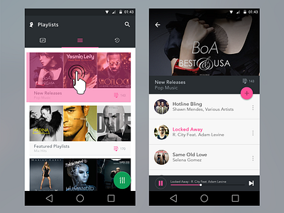 Music Feed Android UI android clean dark design feed gui material menu music ui ux