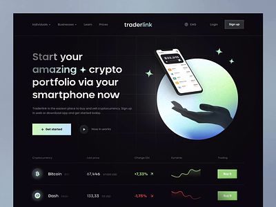 Traderlink - Trading Cryptocurrency Exchange Website animation bitcoin blockchain crypto crypto currency crypto trading cryptocurrency dark design exchange finance fintech home page landing product trading ui ux web design website design