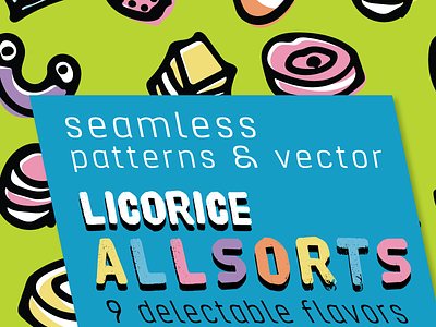 Licorice allsorts swatches candies cany for sale handrawn illustrator patterns licorice pattern swatches vector art