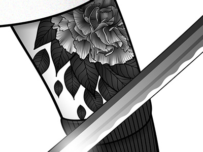 Bounty hunters (close-up) black and white blade carnation digital illustration edge flowers katana sword tattoo